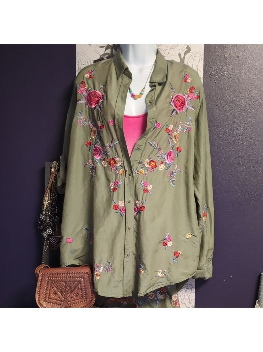 Zara Rainbow Floral Embroidered Button Down Shirt